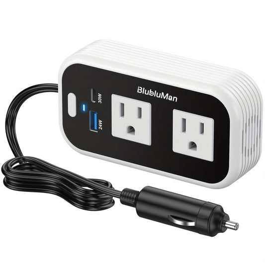 Car Plug Inverter 200W DC 12V to AC 110V with 30W PD Fast Charging QC3.0 24W USB-C Outlet Adapter for Laptop Computer Phone Tablet Vehicle Travel Road Trip