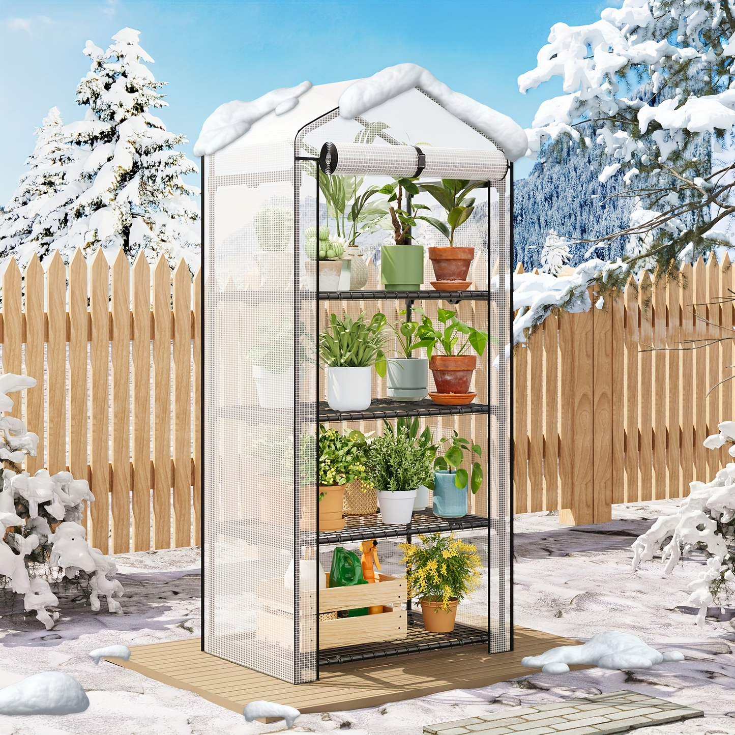 Garden Greenhouse Shelves 3/4-Layer Iron Frame with Durable PE Cover, Portable Indoor Outdoor Plant Greenhouse for Seedlings, Herbs & Flowers, White & Green