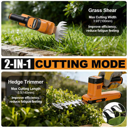 Electric Hedge Trimmer 2-in-1 Cordless with Rechargeable Lithium Battery, Brushless Motor Pruning Shears & Grass Shrub Cutter for Garden, Lawn, Yard & Branch Trimming – Gift for Men