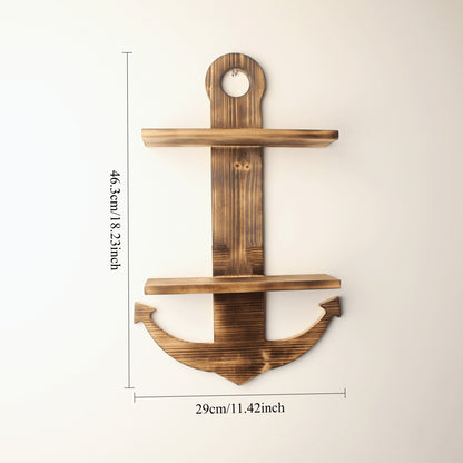 Floating Wall Shelves Solid Wood 2-Tier Nautical Anchor Shelf Handcrafted Heavy Duty Wall Mounted Organizer for Bedroom Living Room Bathroom Lake House