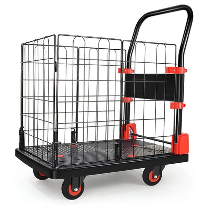 Folding Platform Cart with Removable Cage & Silent Wheels, 400-900 lbs Capacity, Anti-Skid Deck, Telescopic Handle for Moving, Warehouse and Storage