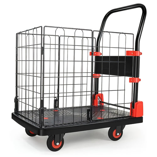 Folding Platform Cart with Removable Cage & Silent Wheels, 400-900 lbs Capacity, Anti-Skid Deck, Telescopic Handle for Moving, Warehouse and Storage