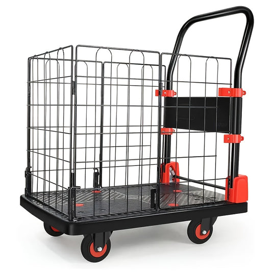 Folding Platform Cart with Removable Cage & Silent Wheels, 400-900 lbs Capacity, Anti-Skid Deck, Telescopic Handle for Moving, Warehouse and Storage