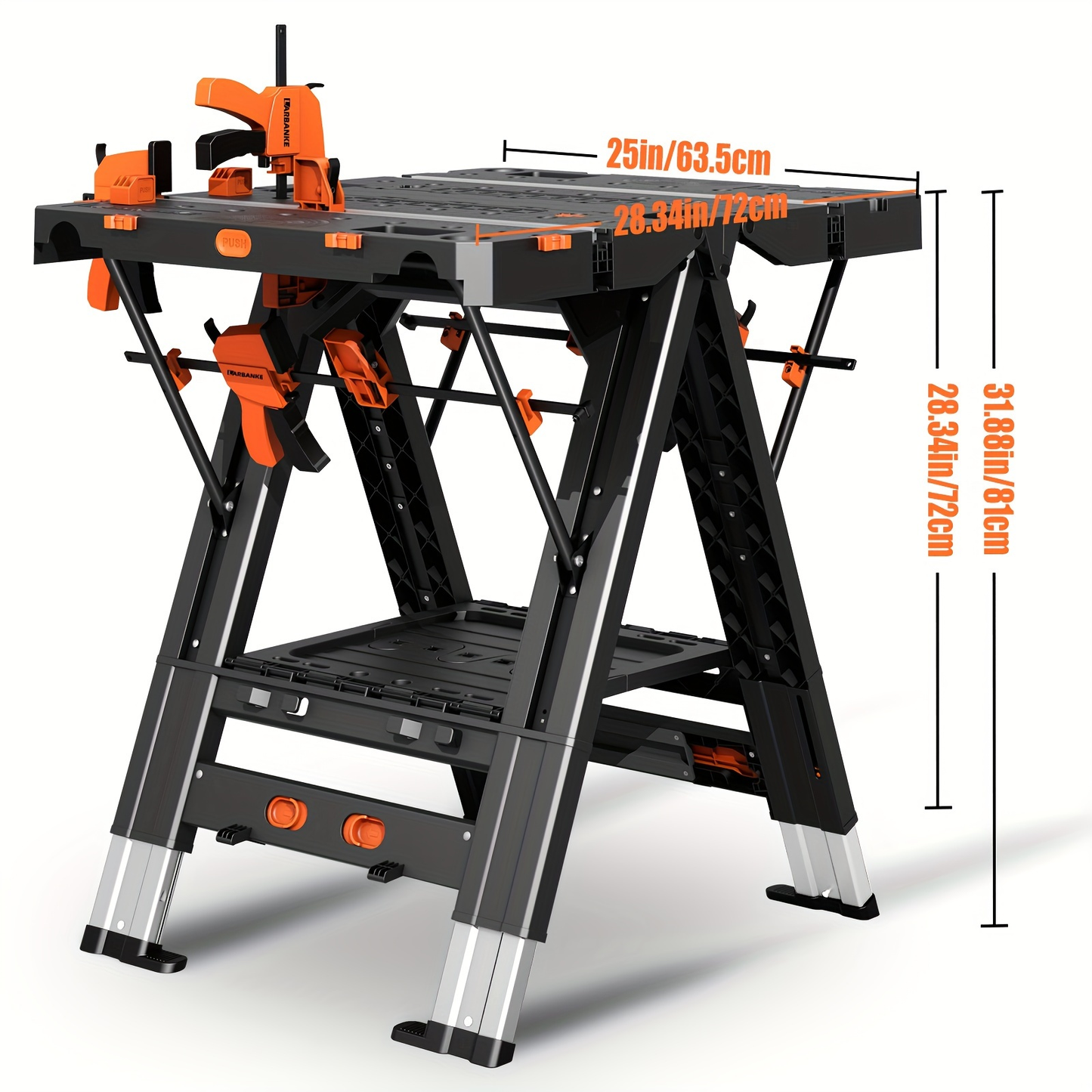 Folding Workbench Sawhorse 2-in-1 Waterproof Height Adjustable Aluminum Legs 150LBS Clamp Force with 4 Woodworking Clamps for DIY Garage Workshop Portable