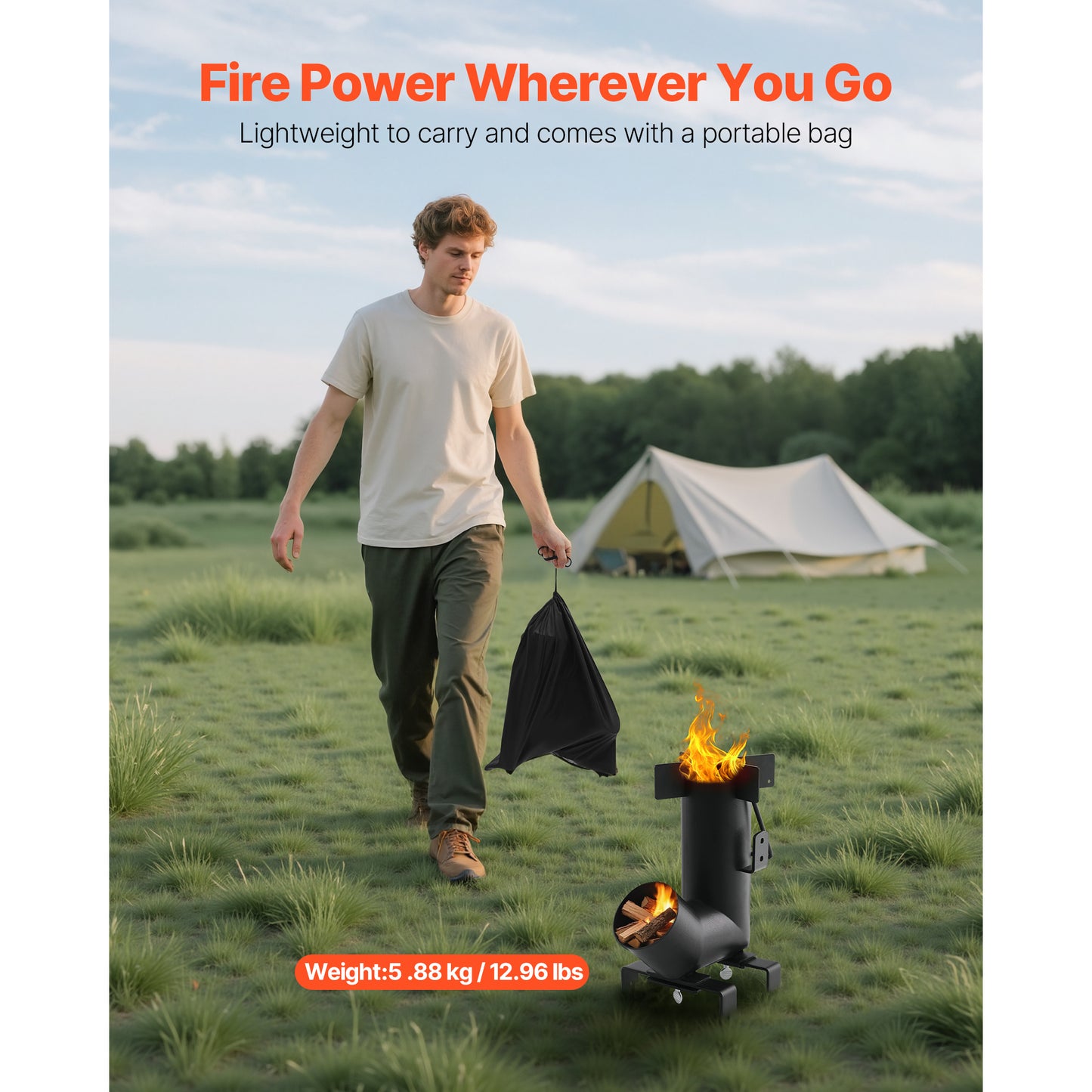 Rocket Stove Wood Burning Portable Camping Stove Carbon Steel Cast Iron Top with Storage Bag Outdoor Cooking Stove