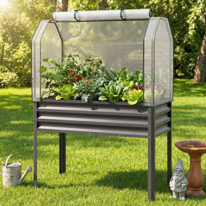 Elevated Raised Garden Bed with Greenhouse Cover 3-in-1, 44"x22"x60" Electroplated Metal Planter Box with Legs, Roll-Up Zippered Door for Vegetables, Flowers & Herbs, Gray