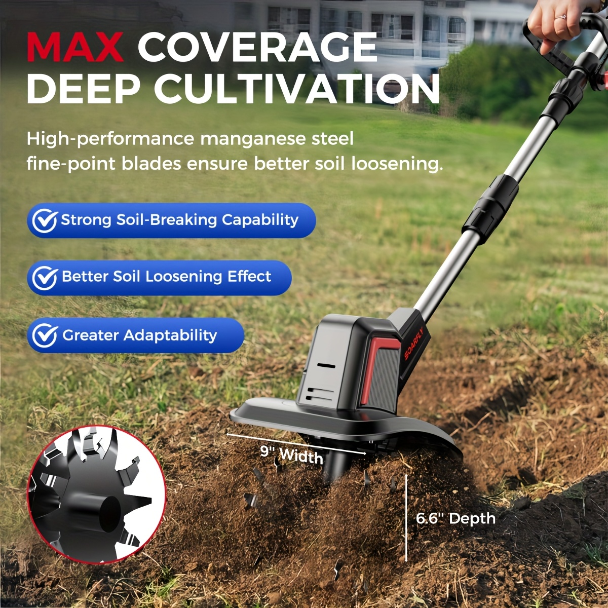 Cordless Electric Cultivator 360RPM - Wireless Electric Tiller & Soil Loosening Machine with 2×4.0Ah Batteries & Charger for Soil Aeration, Weeding, Landscaping - Portable for Home & Professional Garden Use