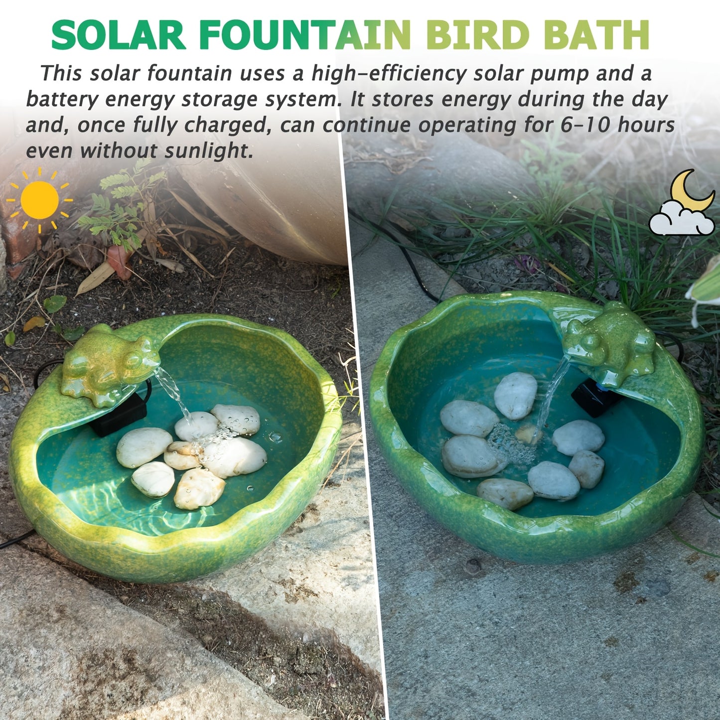 Ceramic Solar Fountain with Battery Backup – Frog Bird Bath