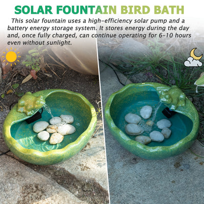 Ceramic Solar Fountain with Battery Backup – Frog Bird Bath