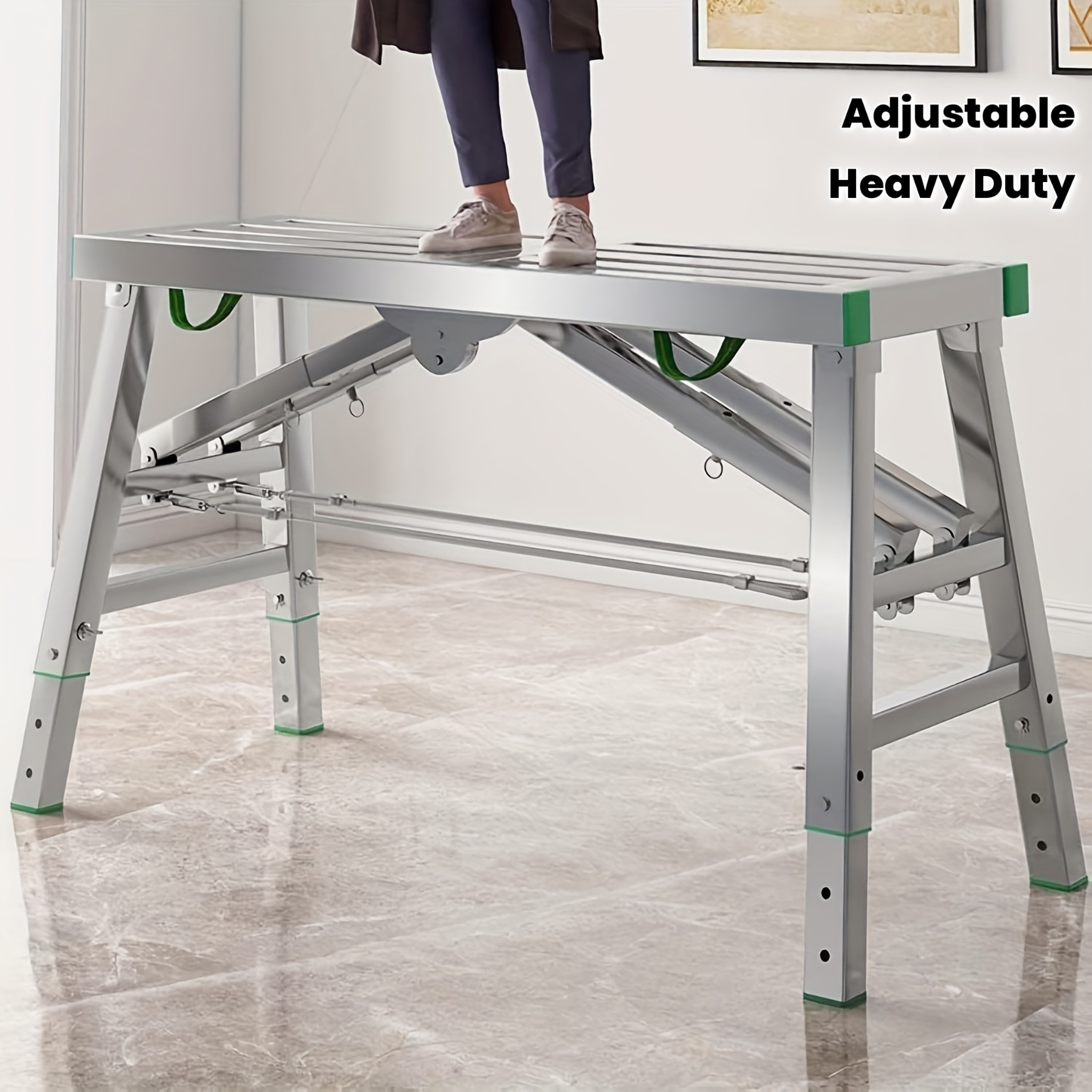 Scaffolding Work Platform Folding Steel Step Ladder 1000 LBS Heavy Duty Adjustable Height Portable Drywall Bench for Painting Decorating Car Washing RV Cleaning