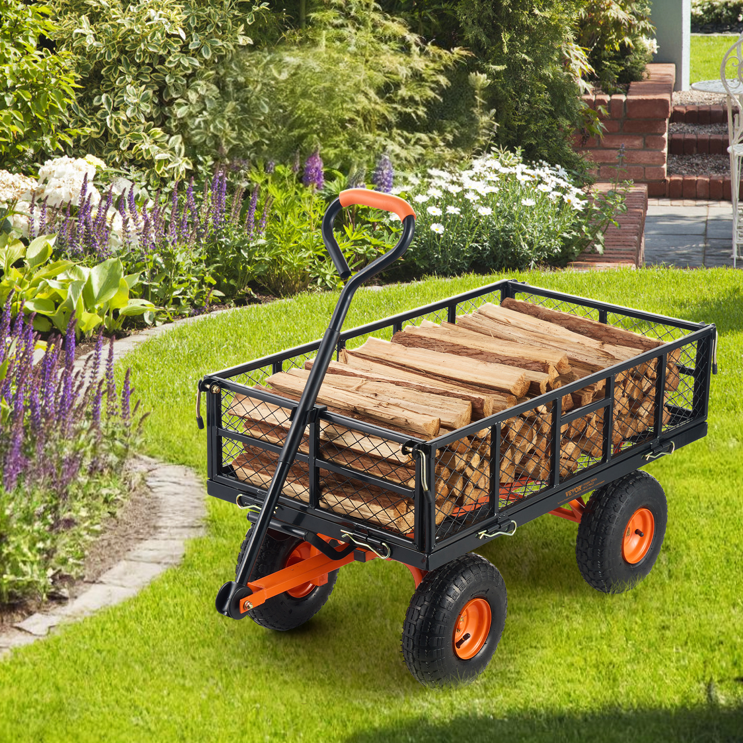 Garden Dump Cart 880LBS Convertible Flatbed Utility Wheelbarrow with 2-in-1 Handle, Removable Side Panels, Mesh Cover & 10" Rubber Tires – 400/600/880 LBS
