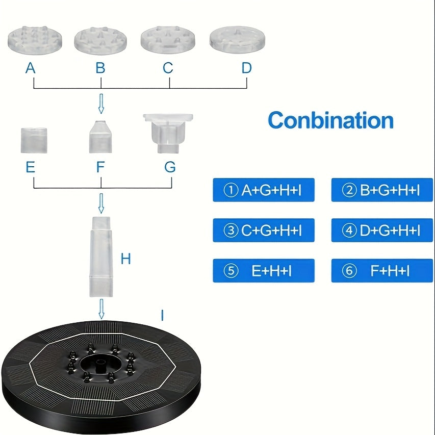 Solar Water Fountain Pump 3W 6.3in 1500mAh Battery 6 Nozzles LED
