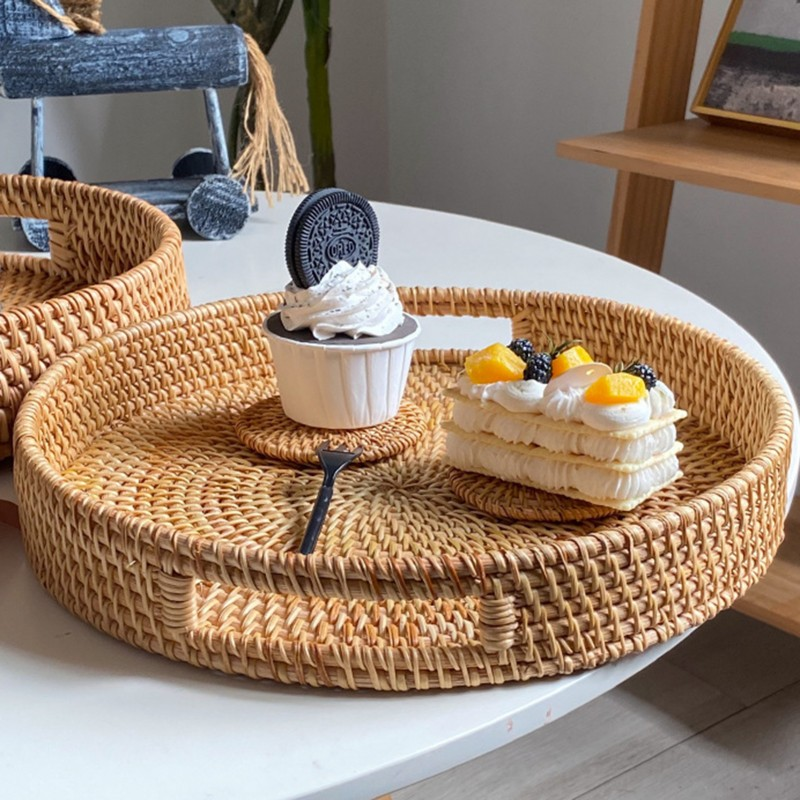 Serving Tray Basket - Hand-Woven Round Rattan Organizer for Fruits Bread Snacks, Rustic Farmhouse Decor for Kitchen Dining Table Coffee Station
