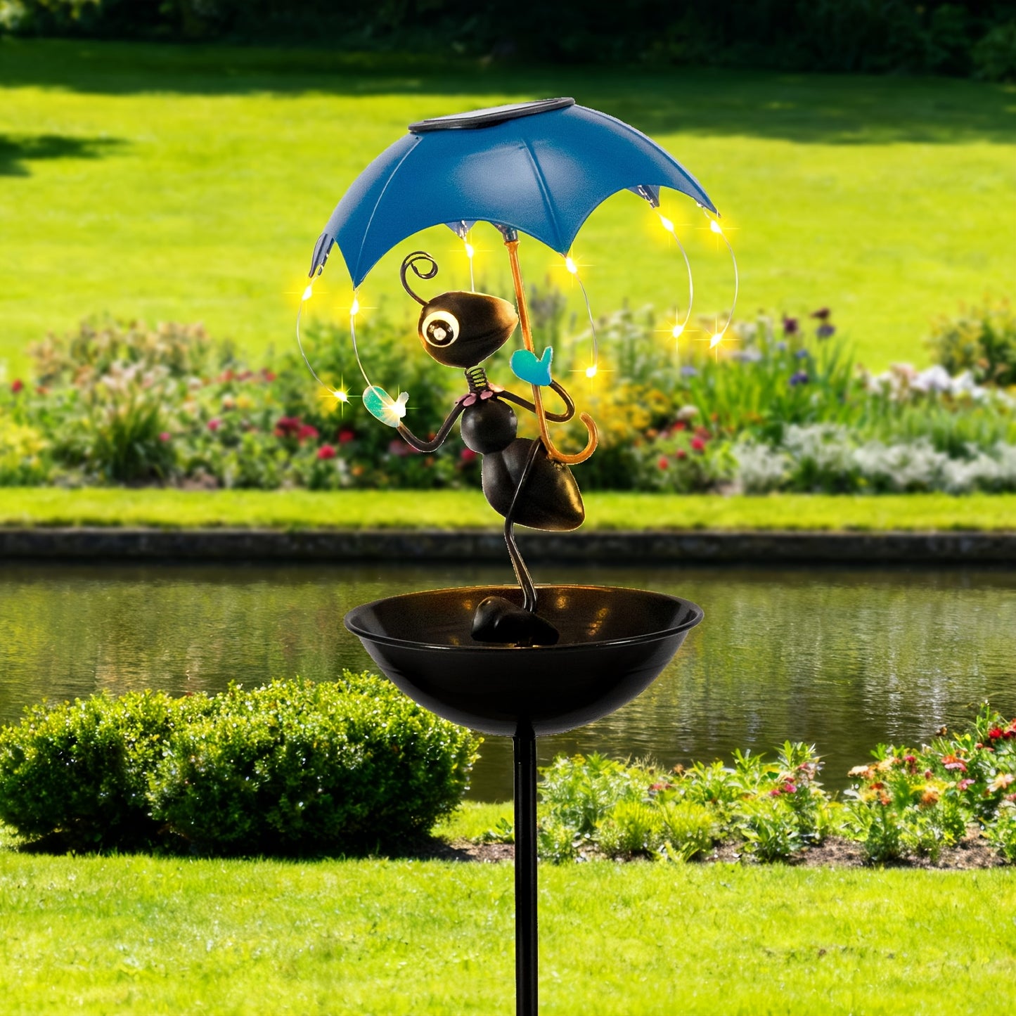Solar Frog Statue Garden Light with Bird Feeder & LED String Decor