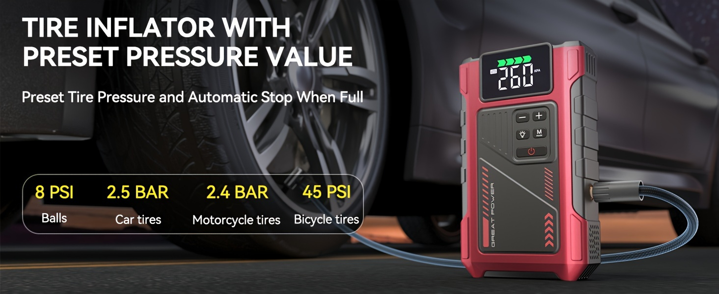 Jump Starter with Air Compressor 5000A Peak 150PSI Tire Inflator 5-in-1 Portable Car Battery Jump Pack for 8.0L Gas 6.5L Diesel Engine Digital Display Smart Cables 12V Power Bank
