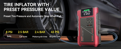 Jump Starter with Air Compressor 5000A Peak 150PSI Tire Inflator 5-in-1 Portable Car Battery Jump Pack for 8.0L Gas 6.5L Diesel Engine Digital Display Smart Cables 12V Power Bank