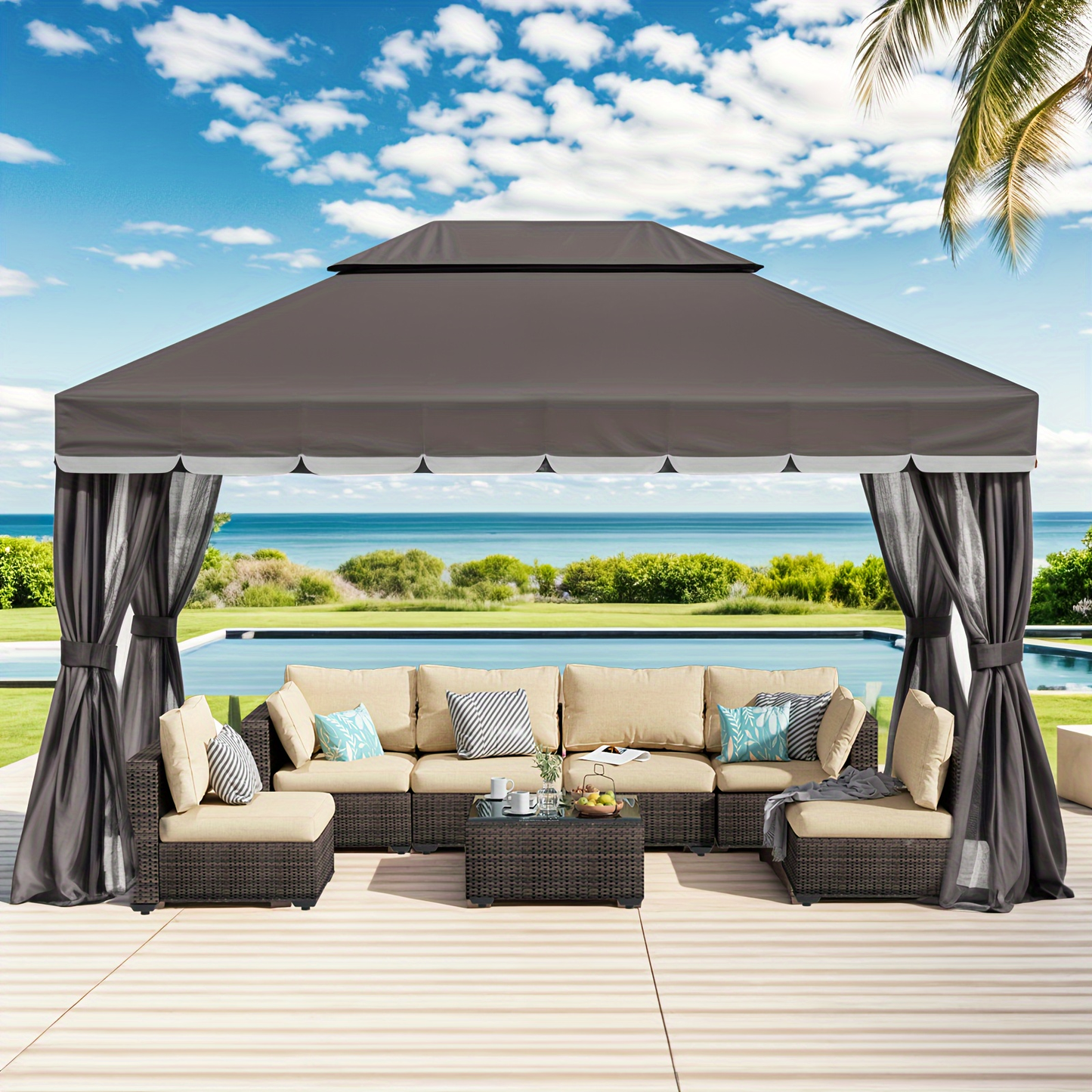 Patio Gazebo 10x13 FT Heavy Duty Double Roof with Mosquito Netting