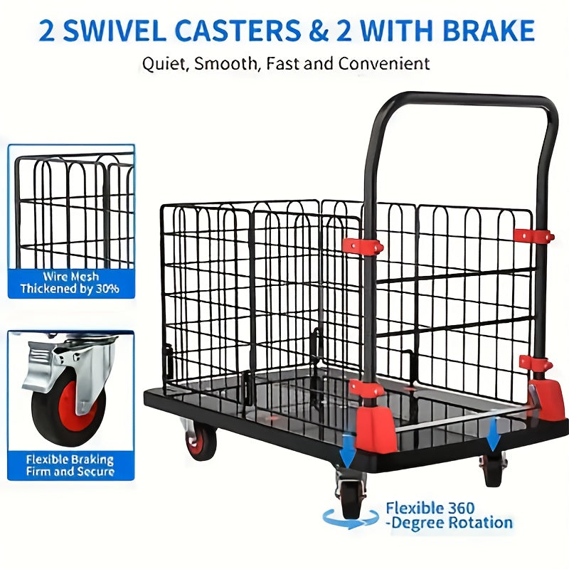 Folding Platform Cart with Removable Cage & Silent Wheels, 400-900 lbs Capacity, Anti-Skid Deck, Telescopic Handle for Moving, Warehouse and Storage