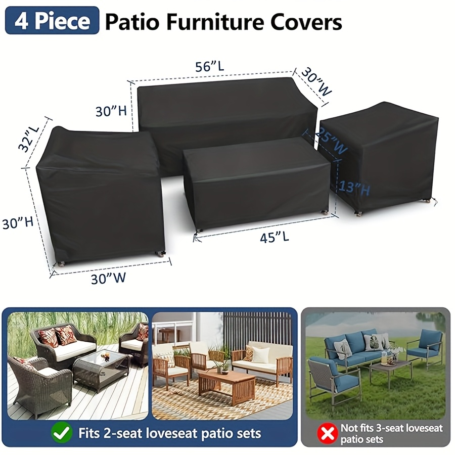 Outdoor Furniture Covers Set 4 Piece Waterproof, Heavy Duty Patio Cover for Sofa Lawn Chairs Coffee Table, Windproof Buckle Straps Reinforced Stitching All-Weather Protection, Black