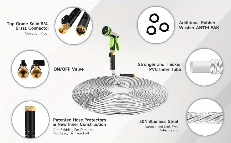 Stainless Steel Metal Garden Hose | Kink-Free, 10-Function Nozzle, Brass Fittings – 10FT to 150FT