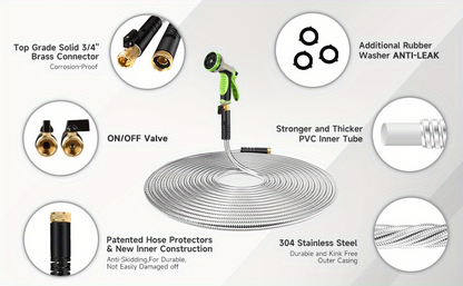 Stainless Steel Metal Garden Hose | Kink-Free, 10-Function Nozzle, Brass Fittings – 10FT to 150FT