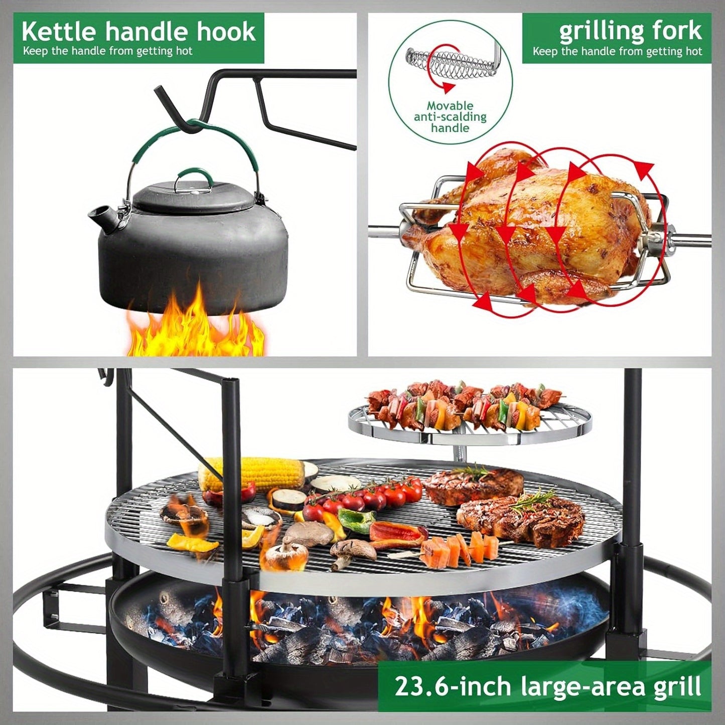 BBQ Fire Pit 33 Inch Wood Burning Outdoor Fire Pit with Swivel Cooking Grate, 2 Removable Grills for Backyard Patio Picnic Outside Camping