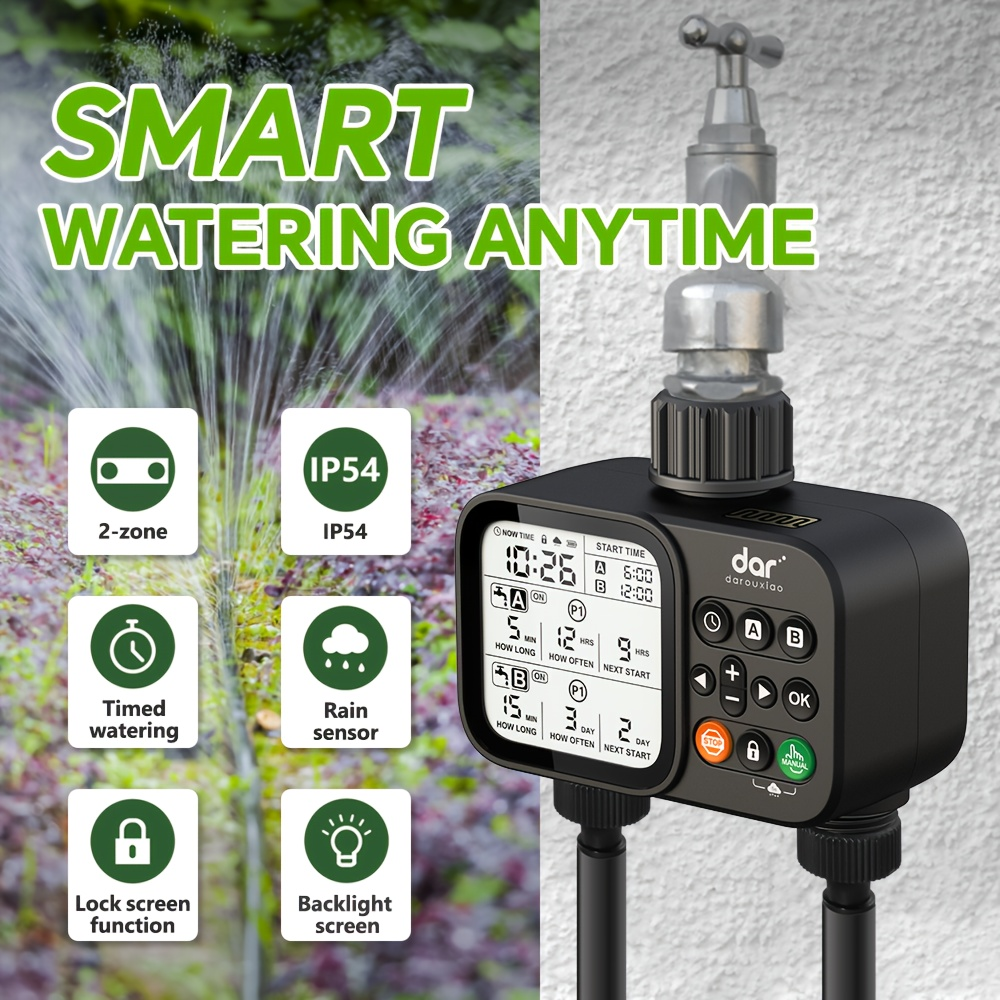 2 Zone Sprinkler Timer Garden Hose Water Timer with Rain Delay Programmable Faucet Controller