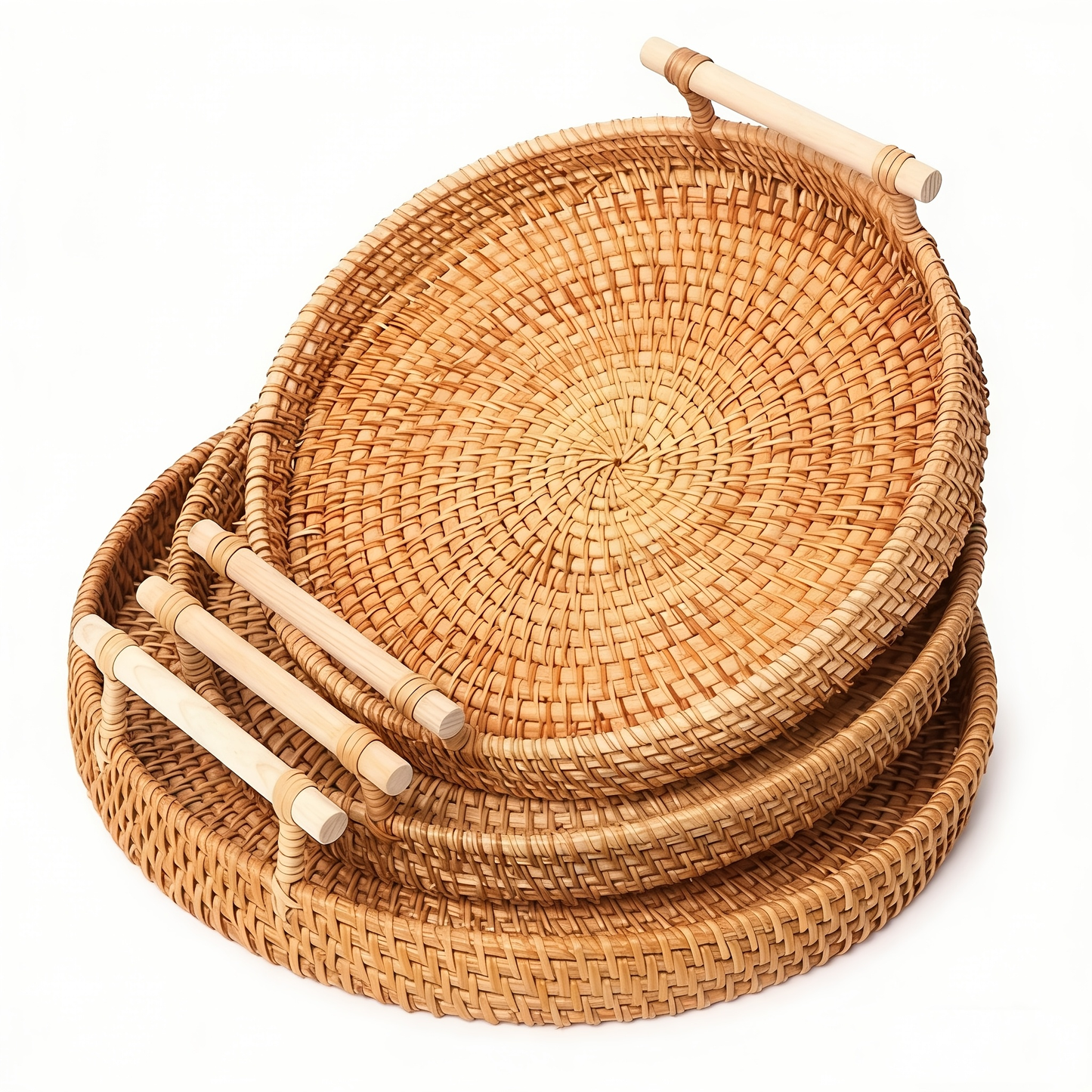 Cheese Board Tray Set - Hand-Woven Rattan Decorative Serving Tray with Handles, Boho Farmhouse Wicker Basket for Coffee Table, Fruit Bread Snack Gift, 3-Piece