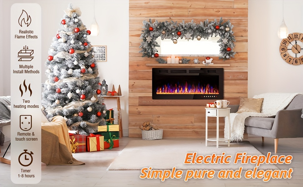 Wall Mounted Electric Fireplace Recessed In-Wall Linear Heater Multicolor Flame 750W/1500W Touch Screen Remote Timer Low Noise 30-60 Inch