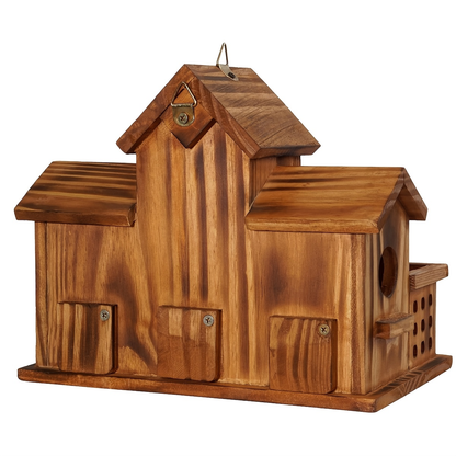 Hummingbird House Outdoor Large Birdhouse with Feeder, 3-Hole Natural Handmade Wood Bird House for Bluebird, Backyard Garden Decor, Living & Feeding Two-in-One