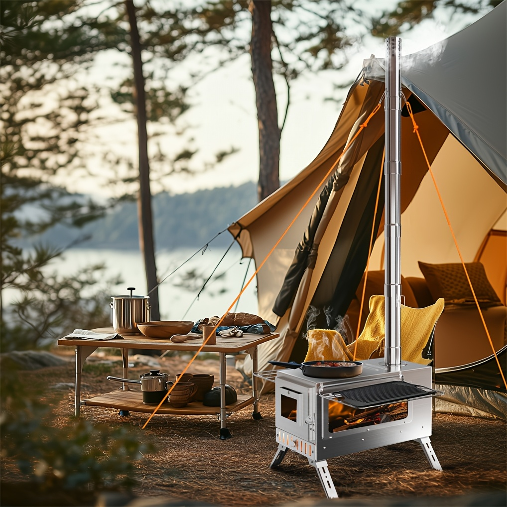 Wood Burning Stove Portable Camping Tent Stove with 7 Detachable Chimney Pipes, Stainless Steel, Adjustable Height, Fire-Resistant Window, Ash Tool & Carry Bag