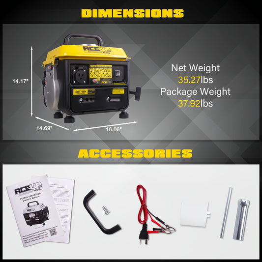 Gas Generator 1200W Portable Compact Ultralight - 900W Running 1200W Peak, 2-Stroke 71CC Engine, 6Hr Runtime, EPA & CARB Compliant, Recoil Start for Camping, Outdoors & Home Backup