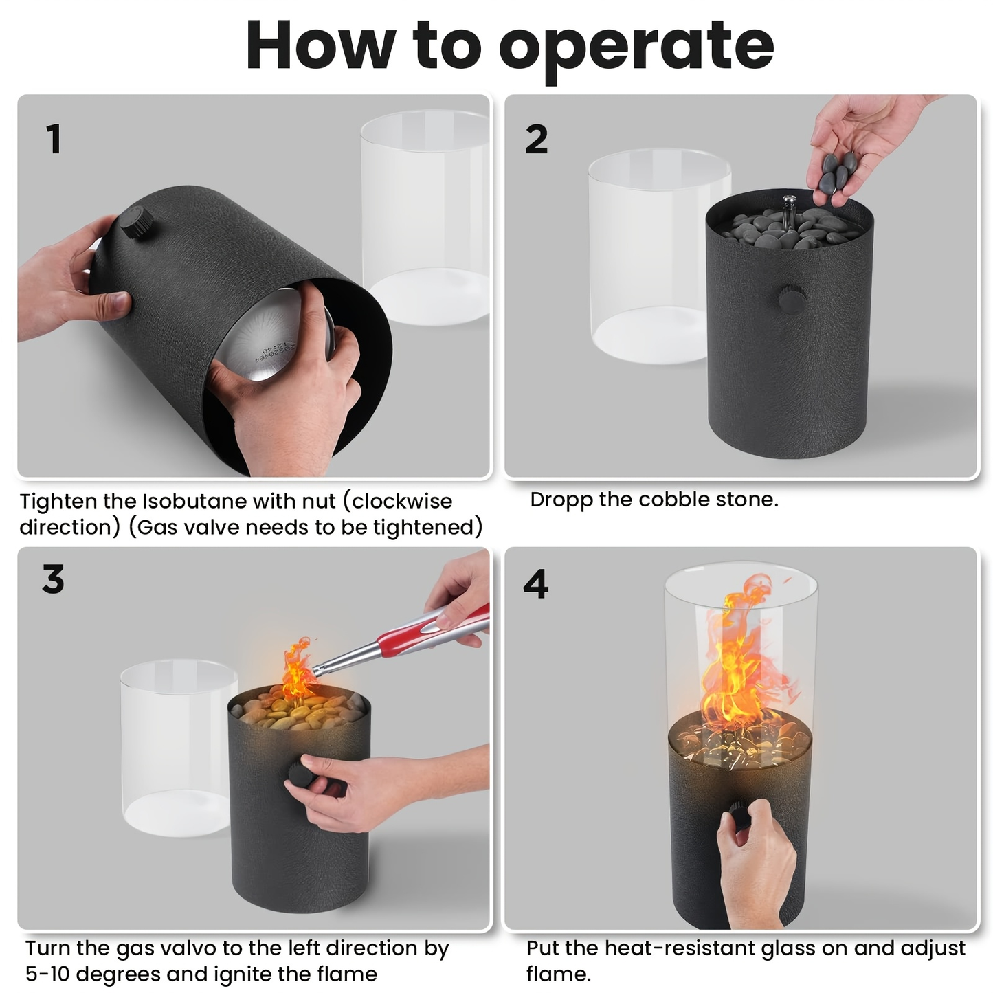 Fire Bowl Tabletop Fire Pit Indoor Outdoor Butane Fuel Mini Portable Fireplace with Glass Wind Guard for Coffee Table Patio Balcony Camping
