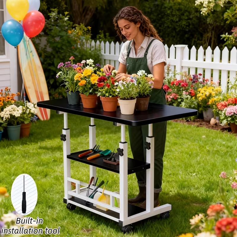 Garden Workbench | Adjustable Metal Potting Table Patio Outdoor Indoor