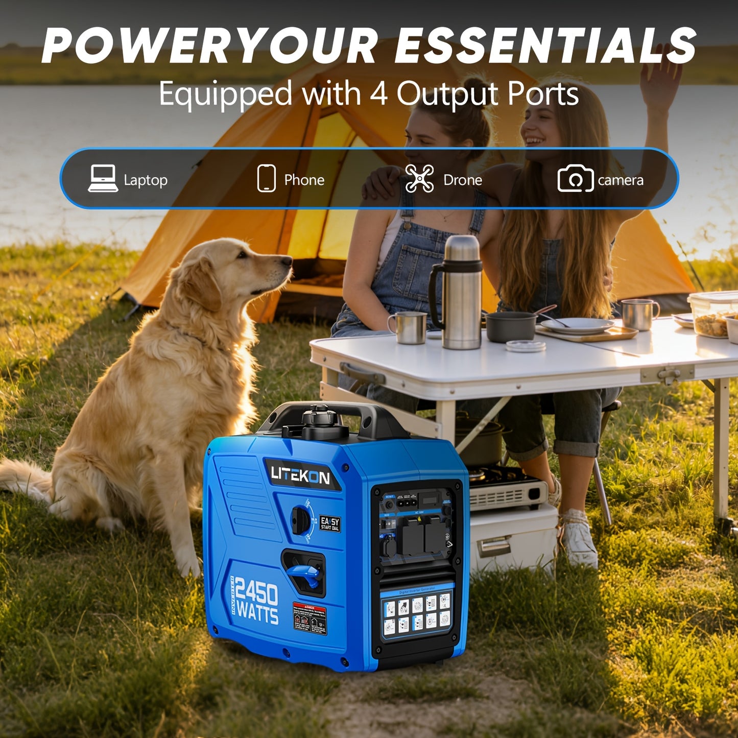 Inverter Generator 2450W Portable Super Quiet Gas Powered – 120V, 1.6 Gal Tank 8.3Hr Run Time, EPA Compliant, for Home Backup, Camping & RV Use