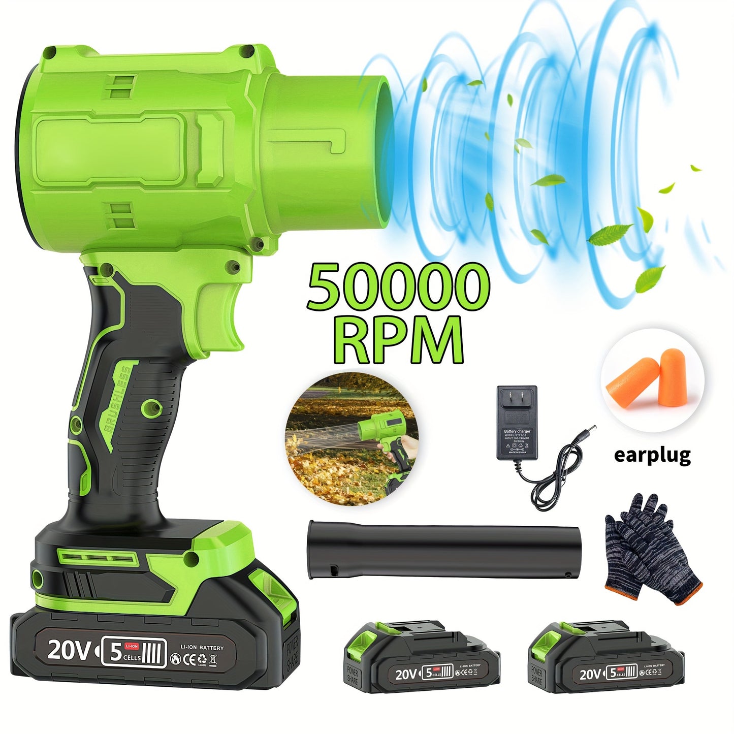 Battery Leaf Blower 20V 50000RPM Turbo Cordless, Dual Battery & 2 Nozzles Included, Handheld Blower for Car Drying, Leaves, Snow & Dust — Home & Outdoor