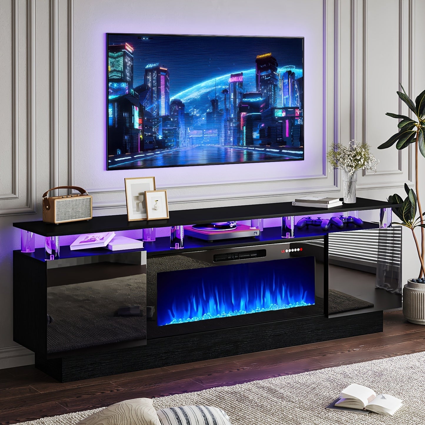 Fireplace TV Stand 70 Inch with 36" Electric Fireplace 2-Tier High Gloss Wood Entertainment Center LED Lights Cabinet Media Console Living Room