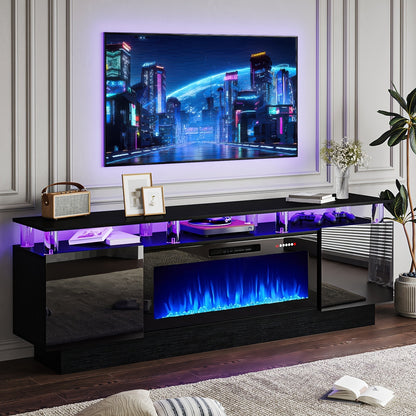 Fireplace TV Stand 70 Inch with 36" Electric Fireplace 2-Tier High Gloss Wood Entertainment Center LED Lights Cabinet Media Console Living Room