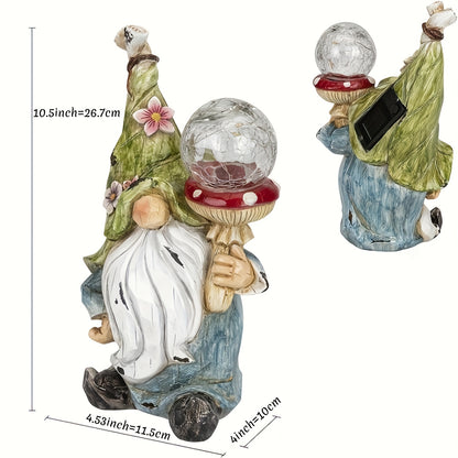 Solar Garden Gnome Statue with LED Magical Ball Light Outdoor Resin Dwarf Sculpture IP44 Waterproof Spring Yard Patio Decor Housewarming Gift