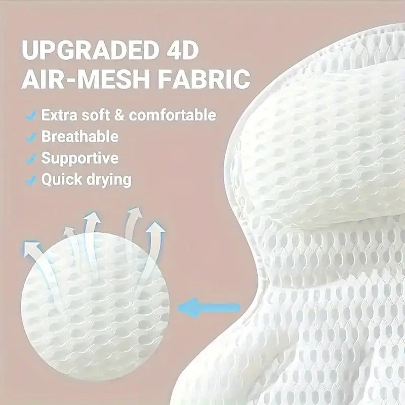 Bath Pillow 4D Air Mesh Neck Back Support with Anti-Slip Suction Cups Quick-Dry Machine Washable Luxury Bathtub Cushion Spa Relaxation Bathroom Accessory