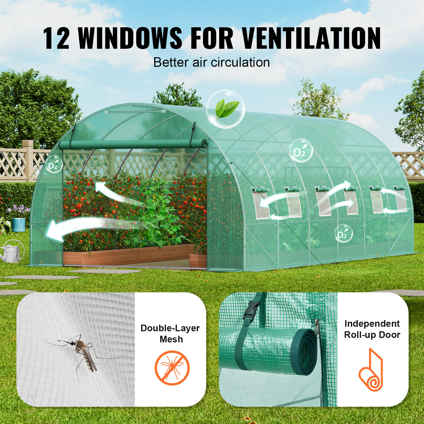 Tunnel Greenhouse Heavy Duty Galvanized Frame 140g/m² PE Cover, 6 Vent Windows Walk-In Hoop House for Garden & Farm, Multiple Sizes