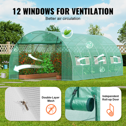 Tunnel Greenhouse Heavy Duty Galvanized Frame 140g/m² PE Cover, 6 Vent Windows Walk-In Hoop House for Garden & Farm, Multiple Sizes