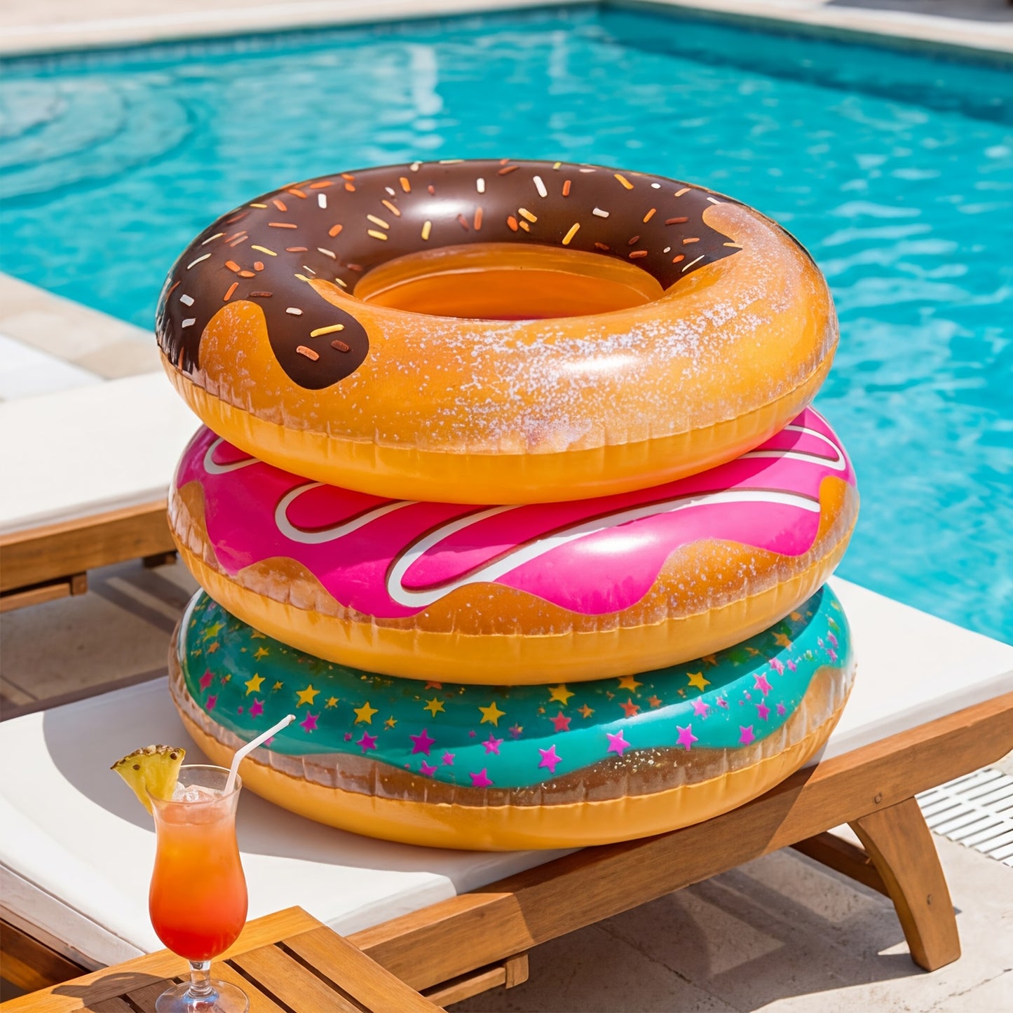 Inflatable Donut Pool Float 3-Pack | Glitter Swim Ring for Adults & Kids