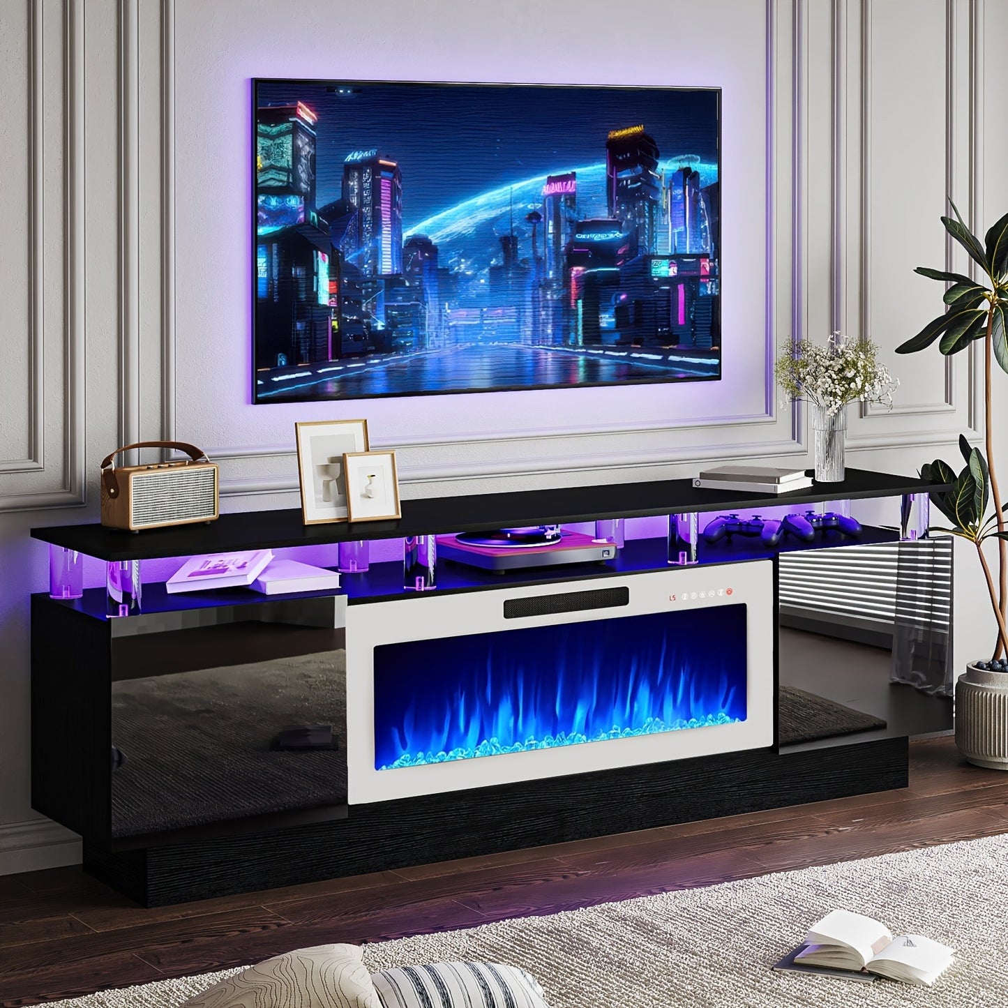 Fireplace TV Stand 70 Inch with 36" Electric Fireplace 2-Tier High Gloss Wood Entertainment Center LED Lights Cabinet Media Console Living Room