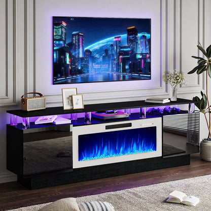 Fireplace TV Stand 70 Inch with 36" Electric Fireplace 2-Tier High Gloss Wood Entertainment Center LED Lights Cabinet Media Console Living Room