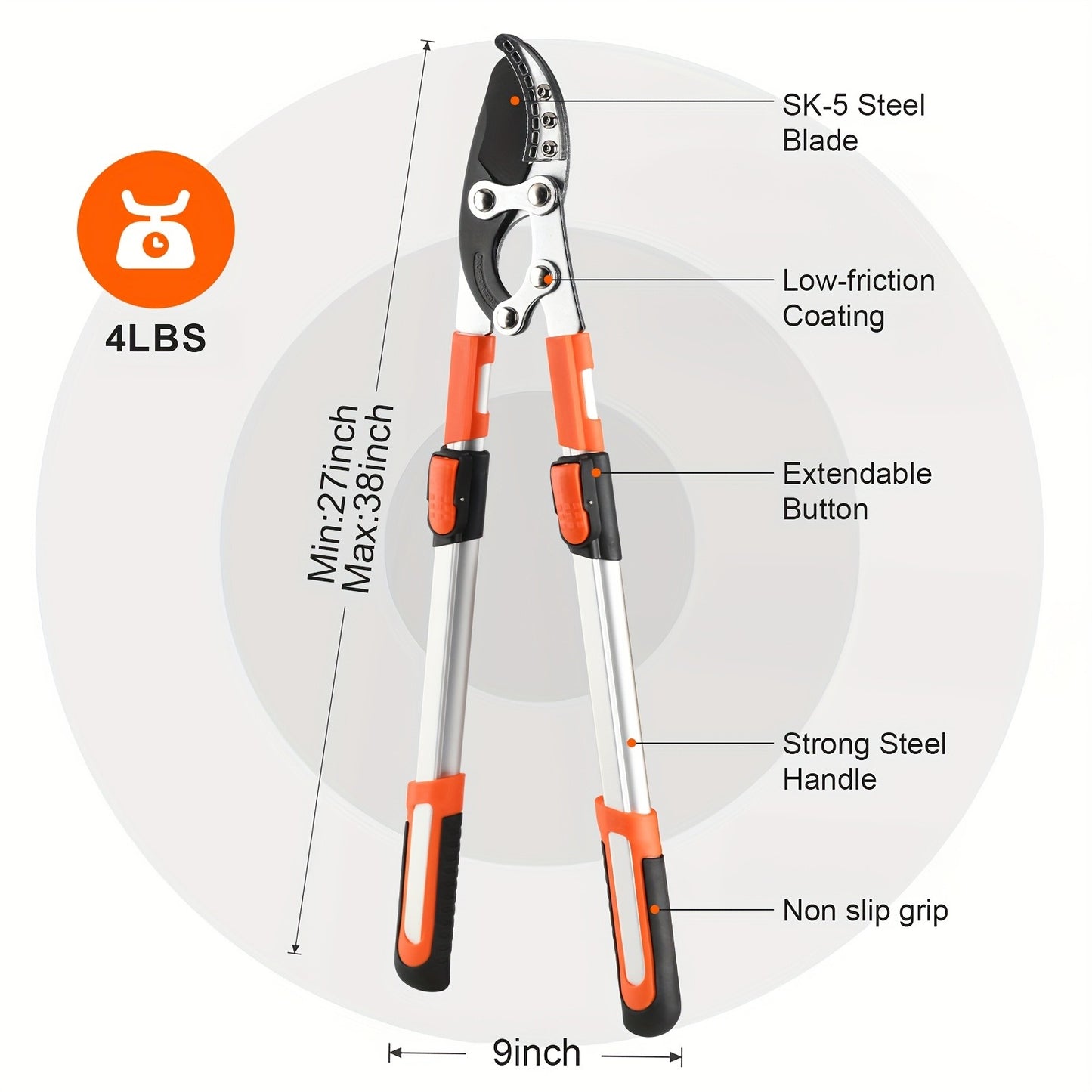 Long Reach Pruning Shears 18-38 Inch Extendable - Non-Stick Steel Blades Cut 2" Branches, Shock-Absorbing Handle, Heavy-Duty Hedge Shears for Tree & Shrub Trimming