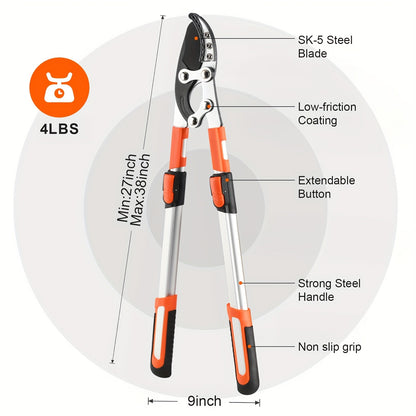 Long Reach Pruning Shears 18-38 Inch Extendable - Non-Stick Steel Blades Cut 2" Branches, Shock-Absorbing Handle, Heavy-Duty Hedge Shears for Tree & Shrub Trimming