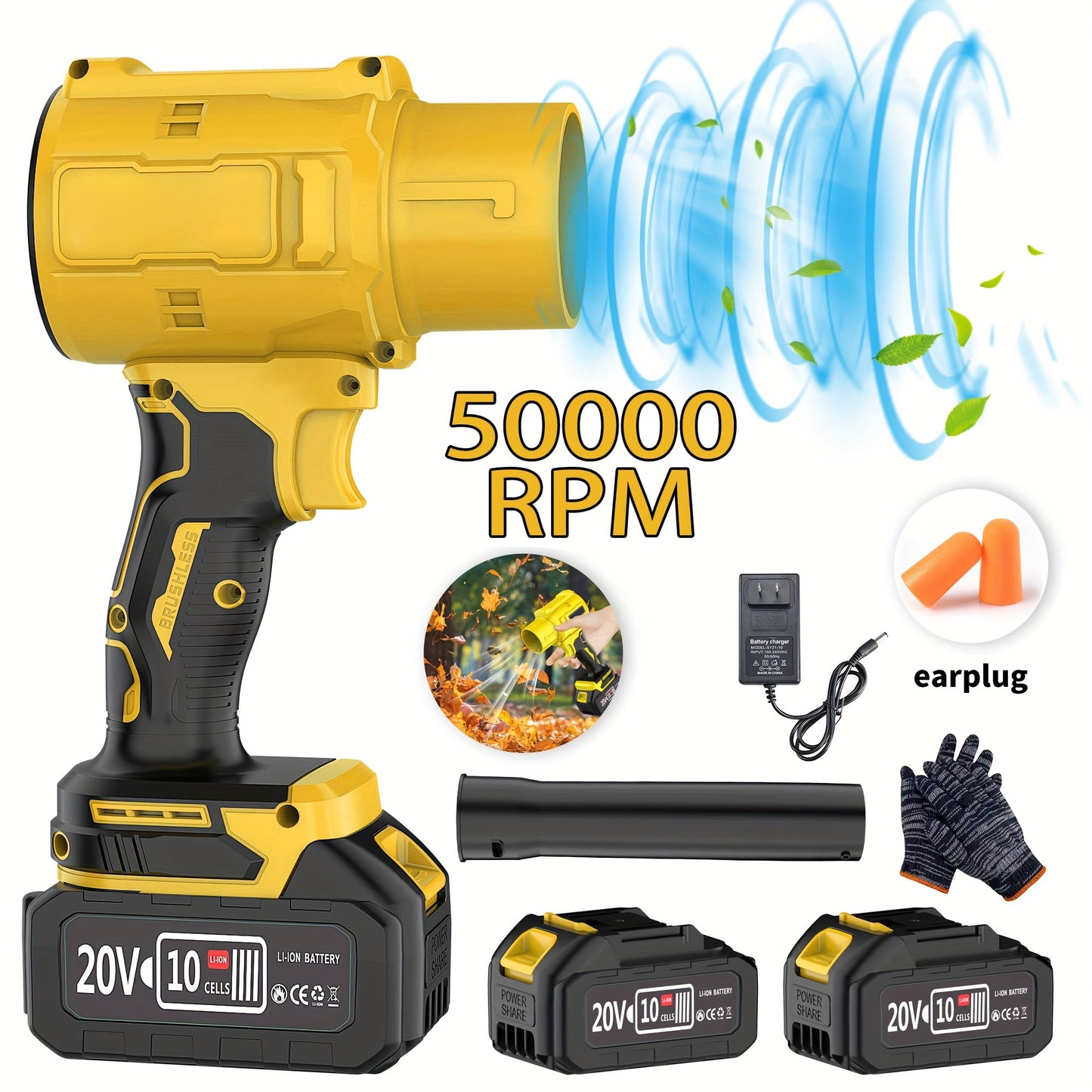 Battery Leaf Blower 20V 50000RPM Turbo Cordless, Dual Battery & 2 Nozzles Included, Handheld Blower for Car Drying, Leaves, Snow & Dust — Home & Outdoor