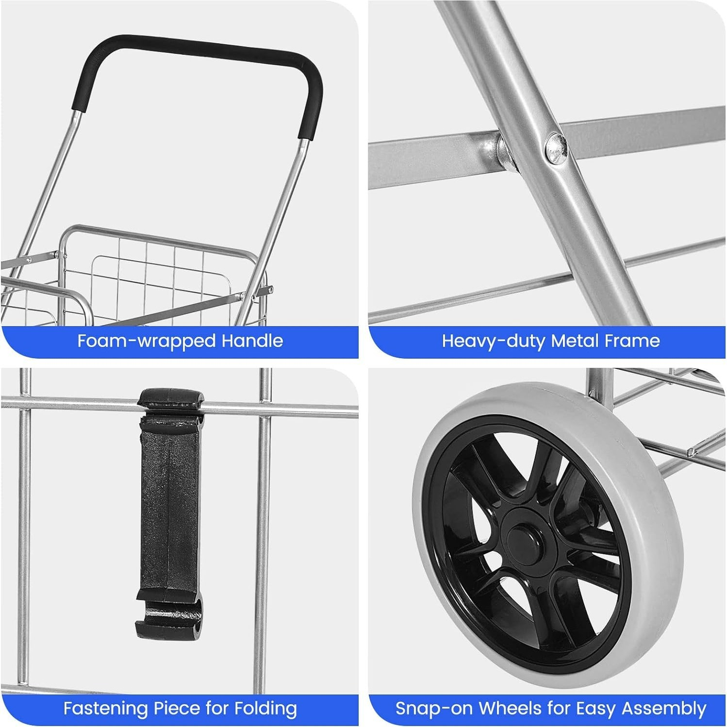 Rolling Shopping Cart Heavy Duty Metal Basket 100 LBS Capacity, Foldable Grocery Utility Cart with Foam Handle Large Wheels 22 Gal for Supermarket Laundry Warehouse