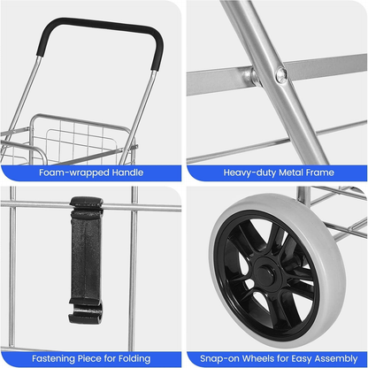 Rolling Shopping Cart Heavy Duty Metal Basket 100 LBS Capacity, Foldable Grocery Utility Cart with Foam Handle Large Wheels 22 Gal for Supermarket Laundry Warehouse